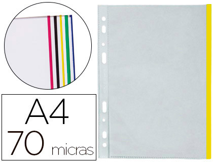 10 fundas multitaladro Q-Connect A4 polipropileno 70µ cristal borde amarillo